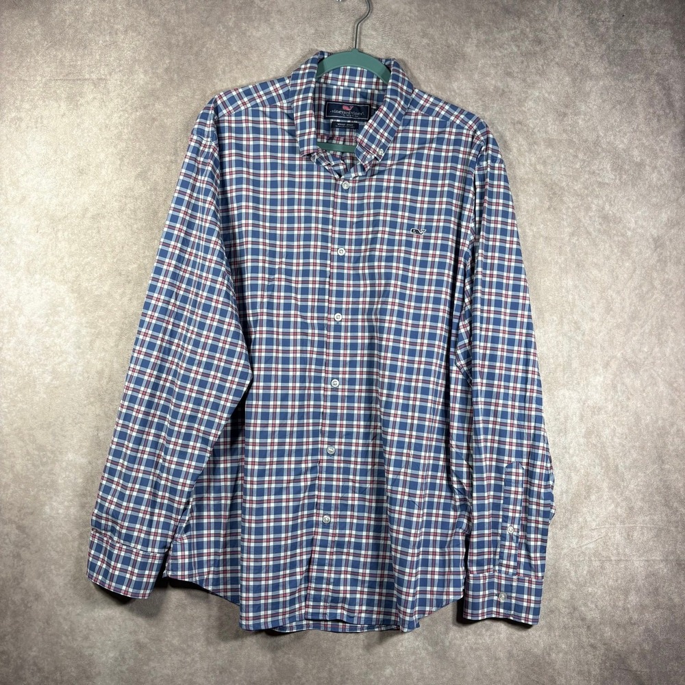 Vineyard Vines Whale Shirt Mens Size XL Blue Red Plaid Button Down Long Sleeves